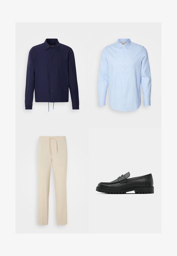 Veste coupe-vent bleu marine avec un col, des boutons pression à l'avant, des poignets élastiques et un ourlet à cordon de serrage. Elle comporte des poches latérales.; Chemise bleu clair à manches longues avec un col boutonné, boutons blancs et logo brodé discret sur la poitrine gauche.; Pantalons beiges à taille élastique avec cordon de serrage. Comprend des jambes droites et une texture lisse, adaptés pour un usage décontracté ou pour se détendre.; Mocassins en cuir noir à bout arrondi, avec un design cousu, une semelle plateforme basse et une semelle en caoutchouc texturée et crantée.
