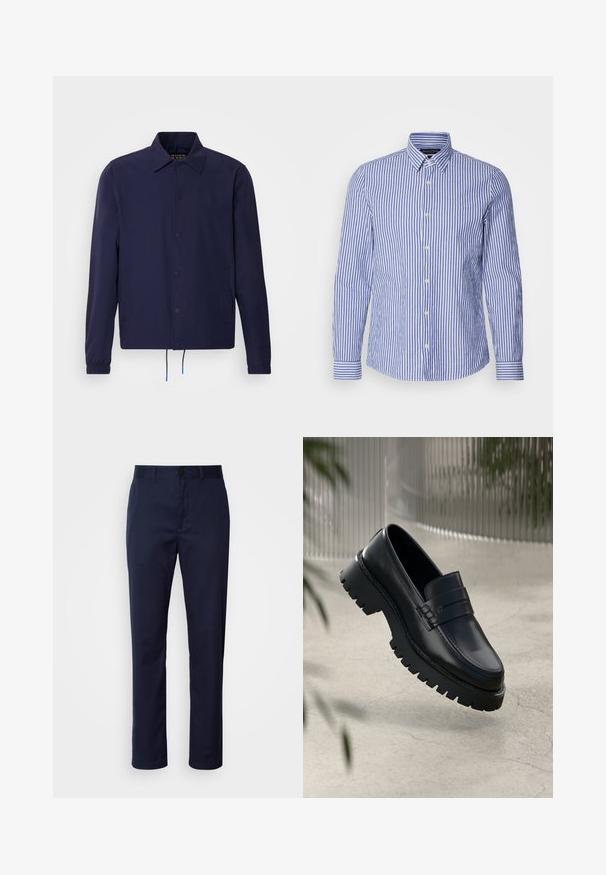 Chaqueta cortavientos azul marino con cuello tipo solapa, botones a presión en la parte delantera, puños elásticos y dobladillo con cordón. Cuenta con bolsillos laterales.; Camisa de botones de manga larga a rayas azul y blanca, hecha de algodón tejido, con un cuello clásico y un dobladillo redondeado. Presenta botones perlados.; Pantalones azul marino de mezcla de algodón. Presenta una pierna recta, una cinturilla con pasadores para cinturón y un cierre frontal con botón.; Mocasines de cuero negro con suela gruesa, que presentan una correa decorativa y detalles de costura. Textura suave con un acabado pulido.