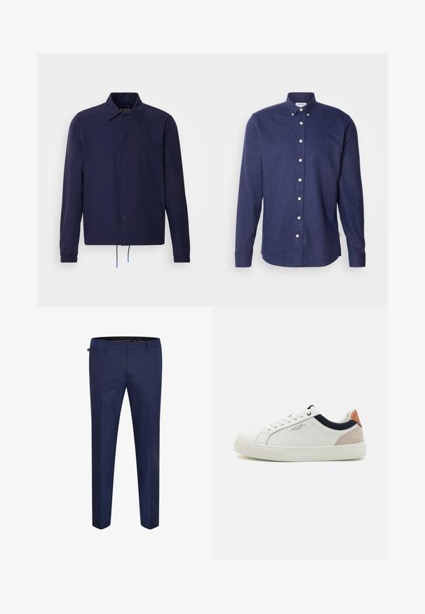 Chaqueta cortavientos azul marino con cuello tipo solapa, botones a presión en la parte delantera, puños elásticos y dobladillo con cordón. Cuenta con bolsillos laterales.; Lindbergh BRUSHED SHIRT - Camisa - navy; Pantalones de corte entallado en azul marino, confeccionados con una tela suave, con un diseño de frente plano y sin bolsillos o adornos visibles.; Zapatillas blancas de cuero con un diseño de caña baja, acento en tela azul marino en el cuello y una lengüeta de talón de ante rosa claro. Suela de goma.