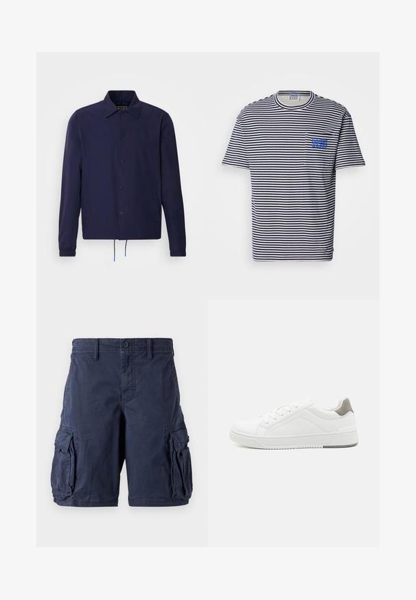 Marineblå vindjakke med krave, frontlukkede trykknapper, elastiske ærmer og justerbar kant. Har sidelommer.; Scotch & Soda POCKET - T-shirts print - white / navy; Mørkeblå cargo shorts lavet af bomuld. Har flere sidelommer, knappelukning og en afslappet pasform. Glat tekstur og holdbart design.; Hvid sneaker lavet af glat læder, rund tå, minimalistisk design, grå hælafsats og tekstureret gummisål.