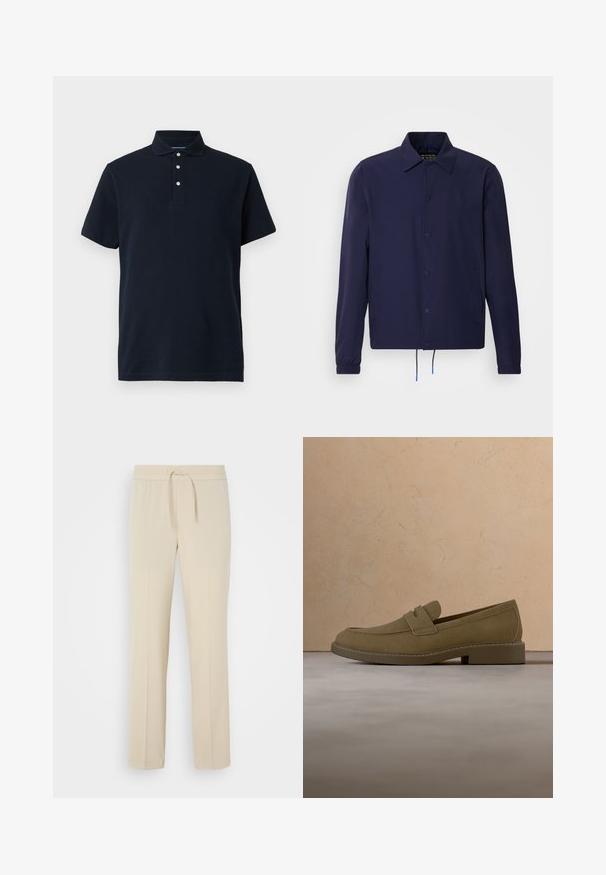 Chaqueta cortavientos azul marino con cuello tipo solapa, botones a presión en la parte delantera, puños elásticos y dobladillo con cordón. Cuenta con bolsillos laterales.; Polo de manga corta azul marino con cuello y tres botones blancos en la tapeta, mostrado sobre un fondo liso.; Pantalones beis con cintura elástica y cordón. Presentan piernas rectas y una textura suave, adecuados para el uso casual o para relajarse.; Zapato mocasín de ante marrón flotando sobre una alfombra beige texturizada en una sala de estar con una mesa de café de madera y libros apilados.