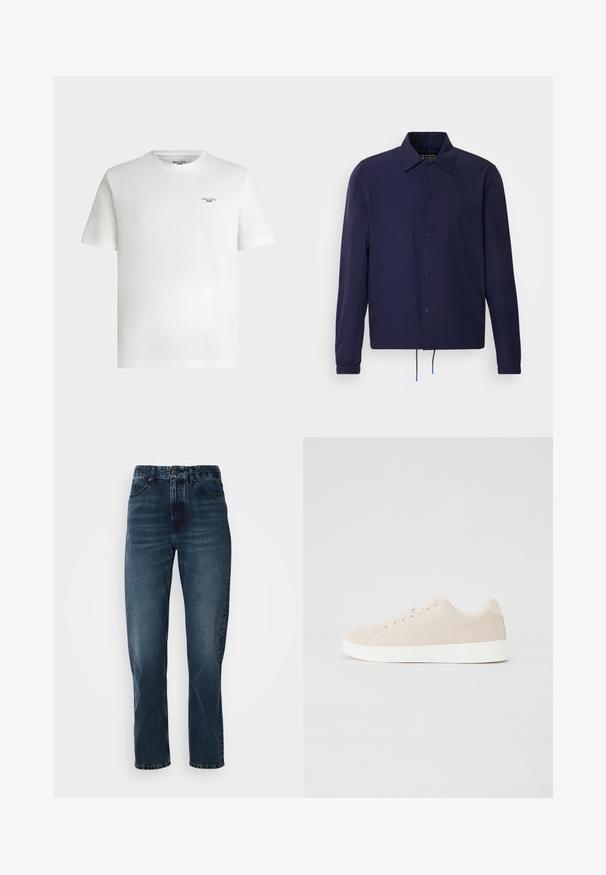 Marineblå vindjakke med krave, frontlukkede trykknapper, elastiske ærmer og justerbar kant. Har sidelommer.; Hvid kortærmet t-shirt med rund hals og lille sort tekstlogo "Marc O'Polo DENIM" på øverste venstre bryst.; Mørkeblå lige bukser med frontknap og lynlås, fem-lomme design og subtil fading på lår og knæ.; Beige ruskindsneakers med hvide gummisåler, rund tå og seks snøringshuller. Glat tekstur med minimalisk design.