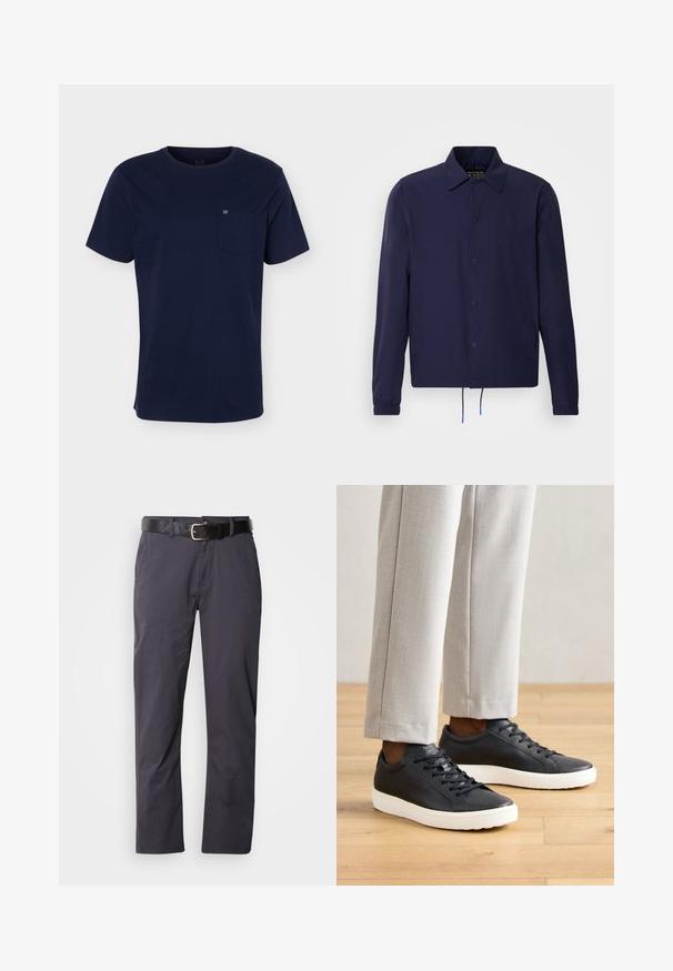 Marineblaue Windjacke mit Kragen, vorderen Druckknöpfen, elastischen Bündchen und Kordelzugsaum. Mit seitlichen Taschen.; Marineblaues T-Shirt mit kurzen Ärmeln und Rundhalsausschnitt mit einer Brusttasche, die ein kleines Logo auf einfarbigem Hintergrund zeigt.; Schwarze Baumwollhosen mit geradem Schnitt, ausgestattet mit zwei Fronttaschen und einem Gürtel. Der Stoff hat eine glatte Textur und ein mattes Finish.; Schwarze Ledersneaker mit strukturiertem Obermaterial, weißer Gummisohle, flachen Schnürsenkeln, kombiniert mit hellgrauen, taillierten Hosen.