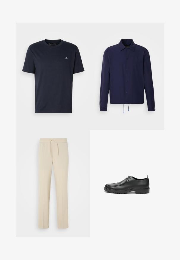 Chaqueta cortavientos azul marino con cuello tipo solapa, botones a presión en la parte delantera, puños elásticos y dobladillo con cordón. Cuenta con bolsillos laterales.; Camiseta de algodón azul marino de manga corta, con cuello redondo y pequeño logo bordado en el pecho. Textura suave, diseño casual.; Pantalones beis con cintura elástica y cordón. Presentan piernas rectas y una textura suave, adecuados para el uso casual o para relajarse.; Zapatos de cuero negro con un acabado suave, punta redondeada y costuras decorativas. Cuenta con una suela de goma con surcos para tracción y un diseño de cordones.