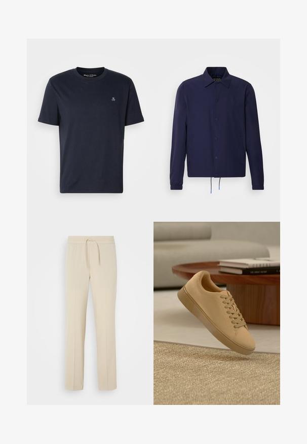 Marineblå vindjakke med krave, frontlukkede trykknapper, elastiske ærmer og justerbar kant. Har sidelommer.; Mørkeblå bomulds t-shirt med korte ærmer, rund halsudskæring og lille broderet logo på brystet. Glat tekstur, afslappet design.; Beige, elastisk taljebukser med snoretræk. Har lige ben og en glat tekstur, velegnet til afslappet brug eller afslapning.; Beige snørestøvler, der svæver over et tekstureret tæppe med et træ sofabord og stablede bøger i en sløret baggrund.