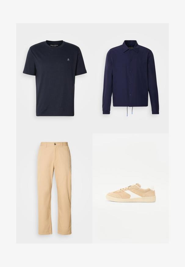 Marineblaue Windjacke mit Kragen, vorderen Druckknöpfen, elastischen Bündchen und Kordelzugsaum. Mit seitlichen Taschen.; Navyblaues Baumwoll-T-Shirt mit kurzen Ärmeln, rundem Halsausschnitt und kleinem gesticktem Logo auf der Brust. Glatte Textur, lässiges Design.; Khaki Baumwollhosen mit geradem Beinschnitt, ausgestattet mit einem vorderen Knopfverschluss und Gürtelschlaufen. Glatte Textur und einfarbige Oberfläche.; Beige Wildleder Sneaker mit weißen Akzenten, runder Zehenpartie und Schnürverschluss. Texturiertes Obermaterial und Gummisohle mit dezentem Branding.