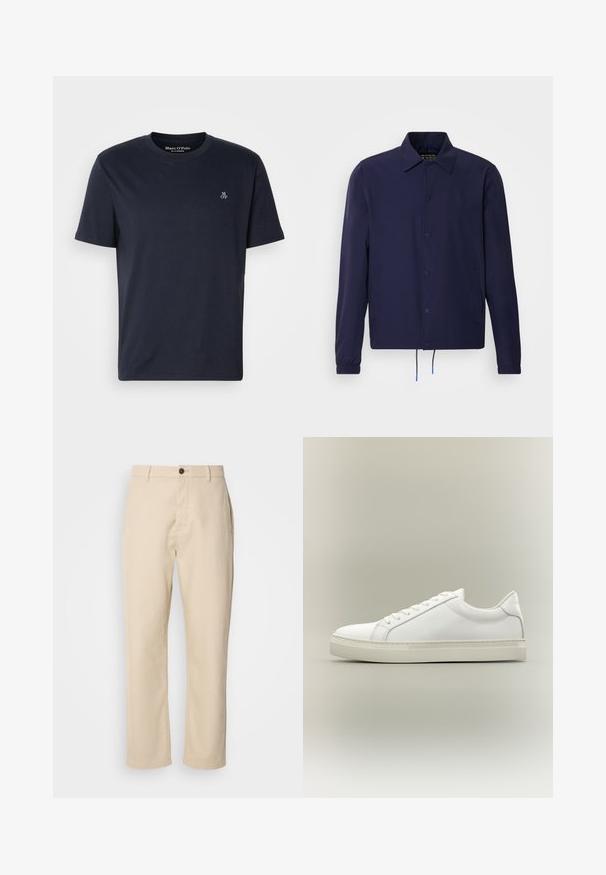 Chaqueta cortavientos azul marino con cuello tipo solapa, botones a presión en la parte delantera, puños elásticos y dobladillo con cordón. Cuenta con bolsillos laterales.; Camiseta de algodón azul marino de manga corta, con cuello redondo y pequeño logo bordado en el pecho. Textura suave, diseño casual.; Pantalones de algodón beige con piernas rectas, cierre de botón en la parte delantera, bolsillos laterales y una textura suave. Diseño minimalista, sin patrones visibles.; Zapatilla blanca de perfil bajo con cordones en la parte delantera y suela gruesa, mostrada de lado sobre un fondo neutro.