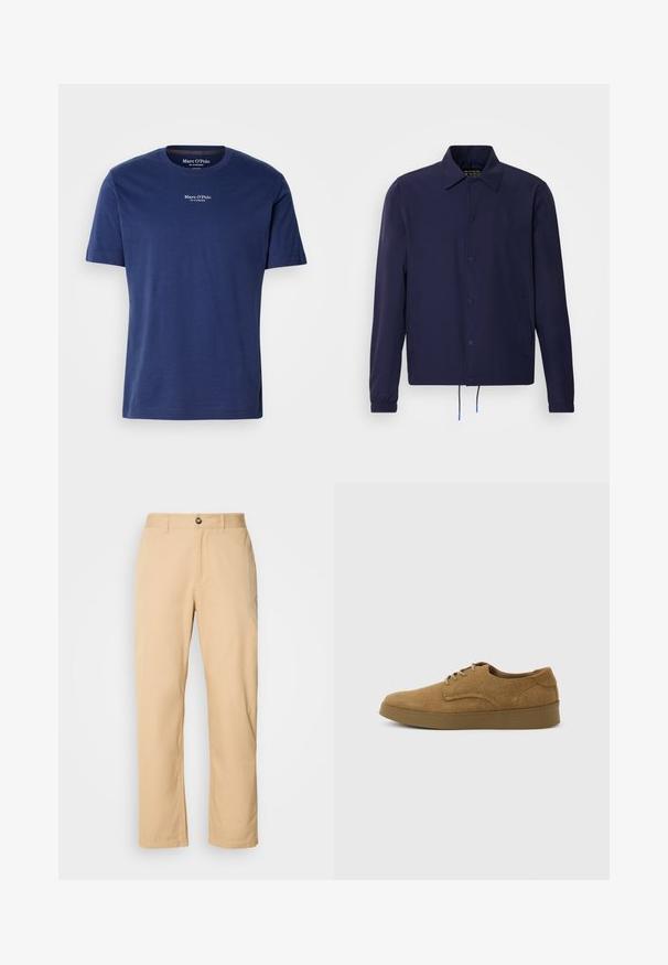 Marineblå vindjakke med krave, frontlukkede trykknapper, elastiske ærmer og justerbar kant. Har sidelommer.; Mørkeblå bomulds T-shirt med korte ærmer, rund udskæring og lille hvidt logo på brystet. Glat tekstur og afslappet pasform.; Khaki bomuldsbukser med lige ben-design, der har en frontknaplukning og bæltestropper. Glat tekstur og ensartet overflade.; Brun ruskindslærredsko med snørebånd og flad gummisål, set fra siden på en ensfarvet lys baggrund.