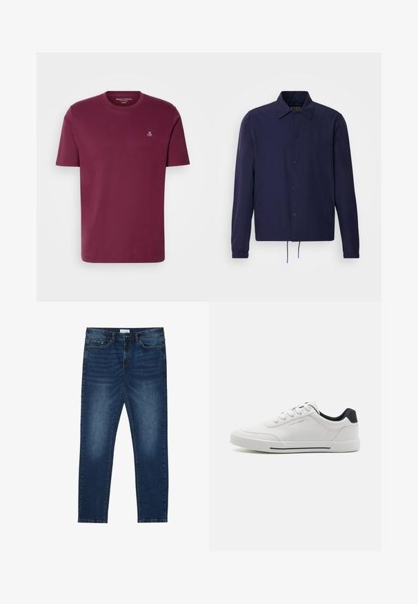 Chaqueta cortavientos azul marino con cuello tipo solapa, botones a presión en la parte delantera, puños elásticos y dobladillo con cordón. Cuenta con bolsillos laterales.; Camiseta de algodón burdeos con cuello redondo, mangas cortas y un pequeño logo blanco "M OP" en el pecho. Textura suave y corte regular.; Vaqueros ajustados de color azul oscuro con detalles desgastados, diseño clásico de cinco bolsillos, cierre de botón y presillas para cinturón.; Zapatillas blancas con una parte superior sintética suave, puntera redonda, diseño de cordones, acento en azul marino en el talón y una suela de goma texturizada con una franja negra.