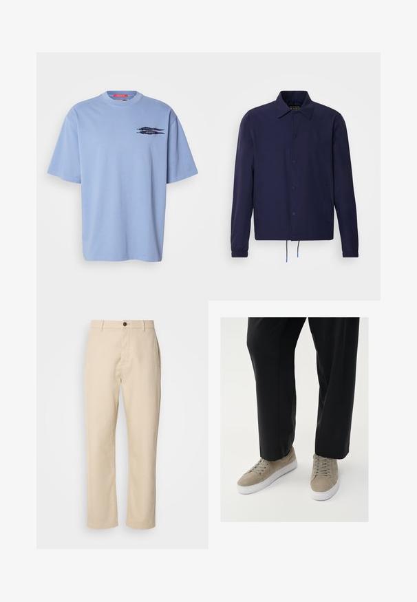 Marineblaue Windjacke mit Kragen, vorderen Druckknöpfen, elastischen Bündchen und Kordelzugsaum. Mit seitlichen Taschen.; Hellblaues T-Shirt mit kurzen Ärmeln aus Baumwolle. Verfügt über einen Rundhalsausschnitt und ein schwarzes Grafikdesign von Pfeilen auf der linken Brustseite.; Beige Baumwollhosen mit geraden Beinen, einem Knopfverschluss vorne, Seitentaschen und einer glatten Textur. Minimalistisches Design, ohne sichtbare Muster.; Hellgraue Wildledersneaker mit einer weißen Gummisohle, runden Schnürsenkeln und minimalistischer Gestaltung, kombiniert mit schwarzen Hosen.