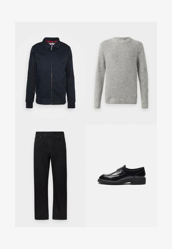 Veste bomber noire avec fermeture éclair, poignets et ourlet côtelés, dotée d'une doublure à carreaux rouges à l'intérieur. Tissu lisse avec poches latérales.; Pull en tricot gris à manches longues, col rond, avec des poignets et un ourlet côtelés. La texture est épaisse et texturée, adaptée aux temps frais.; Jean en denim noir avec une coupe droite, fermeture à bouton et deux poches avant. Le matériau a une finition lisse et légèrement texturée.; Zign LEATHER - Mocassins de ville - black