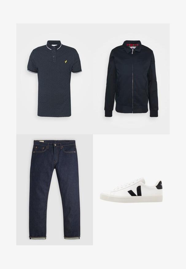 Chaqueta bomber negra con cierre de cremallera, puños y dobladillo acanalados, que presenta un forro de cuadros rojos en el interior. Tejido suave con bolsillos laterales.; Polo navy con un pequeño patrón de puntos blancos, mangas cortas, acentos blancos en el cuello y los puños, y un logo amarillo en el pecho.; Vaqueros vaqueros de pierna recta en azul oscuro con puños doblados, diseño de cinco bolsillos, remaches de cobre y cierre de botón sobre un fondo liso.; Zapatilla de cuero blanca con acentos de ante negro; presenta una suela de goma, puntera redonda y un diseño clásico de cordones. Logo lateral en negro.