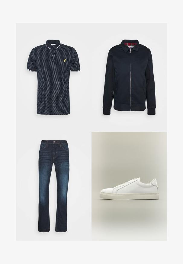 Chaqueta bomber negra con cierre de cremallera, puños y dobladillo acanalados, que presenta un forro de cuadros rojos en el interior. Tejido suave con bolsillos laterales.; Polo navy con un pequeño patrón de puntos blancos, mangas cortas, acentos blancos en el cuello y los puños, y un logo amarillo en el pecho.; Jeans rectos de denim de color azul oscuro, con bolsillos frontales, cierre de botón y desvanecimiento en los muslos para un aspecto desgastado.; Zapatilla blanca de perfil bajo con cordones en la parte delantera y suela gruesa, mostrada de lado sobre un fondo neutro.