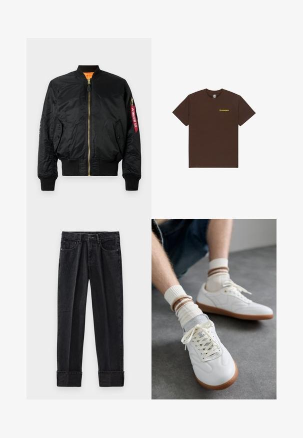 Schwarze Bomberjacke aus glänzendem Material, mit durchgehendem Reißverschluss, gerippten Bündchen und Saum. Auf dem Ärmels befindet sich ein Aufnäher mit roter Schrift.; Braunes Kurzarm-T-Shirt aus Baumwolle mit rundem Halsausschnitt und kleinem gelbem grafischem Text auf der linken Brustseite.; Schwarze Denim-Jeans mit eingeräumter Passform, mit umgeschlagenen Säumen und geprägt Branding am Saum. Klassisches Fünf-Taschen-Design mit kontrastierenden Nähten.; Weiße Ledersneaker mit glatter Textur, grauen Wildlederelementen, beigen Gummisohlen und flachen Schnürsenkeln. Kombiniert mit cremefarbenen und braun gestreiften Socken.
