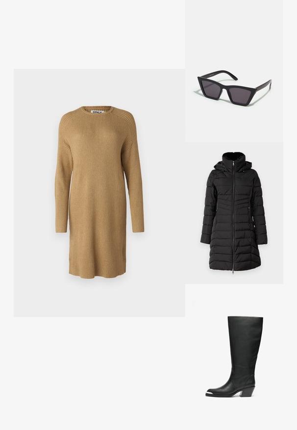 ONLY ONLHELEN PUFFER COAT - Talvitakki - black; Mekko, jonka pituus ulottuu polveen, ribstopinta ja vaaleanruskea väri. Pitkät hihat ja pyöreä kaula-aukko. Sivussa halkiot helpottavat liikkuvuutta.; Korkeat mustat nahkasaappaat, joissa on suljettu kärki ja leikattu kuosi. Varustettu paksulla korolla ja sileällä pinnalla. Sivupaneelin yksityiskohdat ovat huomattavat.; Mustat, kulmikkaat aurinkolasit harmailla linsseillä; valmistettu muovista, paksuilla varsilla, joissa on sileä pinta ja ilman näkyvää metalliosaa.