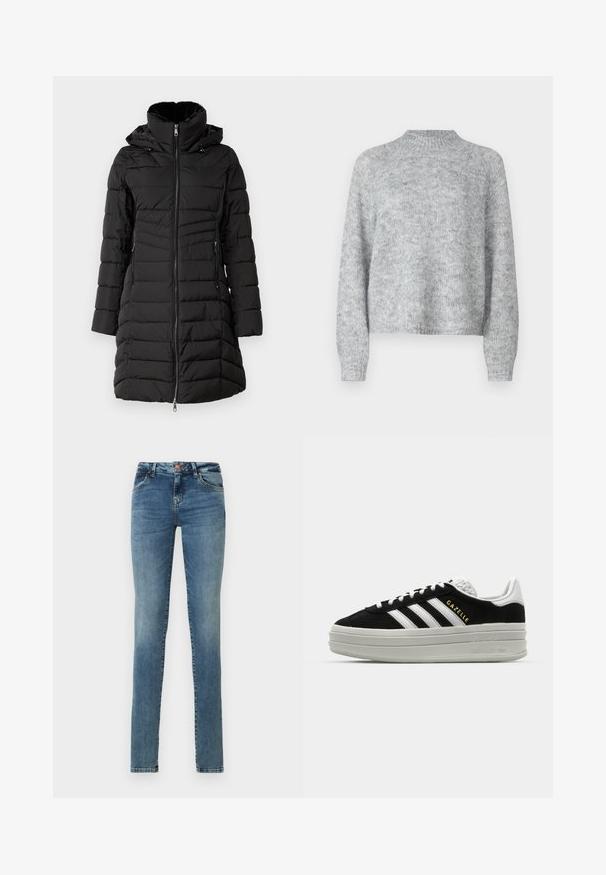 ONLY ONLHELEN PUFFER COAT - Talvemantel - black; Heled halli kivipesu, millel on kõrge kaelus, pikad varrukad ja vabam lõige. Valmistatud tekstuurse kudumise kangast, millel on peened värvimuutused.; Kitsad teksapüksid helesinisest denimist, millel on nööbiga sulgur, viis taskut, kerge kulumine ja klassikaline disain.; Mustkala suède sneaker valgete nahka aktsentidega, kolm valget triipu, lame pael, ja paks hall platvormi talla. Kuldne "Gazelle" bränding.