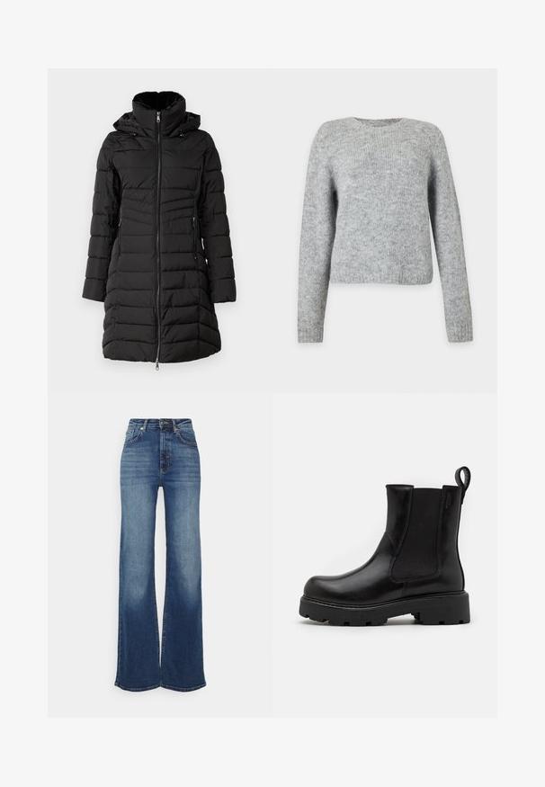 ONLY ONLHELEN PUFFER COAT - Wintermantel - black; Lichtgrijze gebreide trui met lange mouwen en een ronde hals, weergegeven op een effen witte achtergrond.; Wijduitlopende spijkerbroeken in medium blauwe denim. Hoge taille met een gladde afwerking, vervaagde voorkant en subtiele stikdetails. Gesloten in de taille met een knoop.; Vagabond COSMO 2.0 - Enkellaarsjes met plateauzool - black