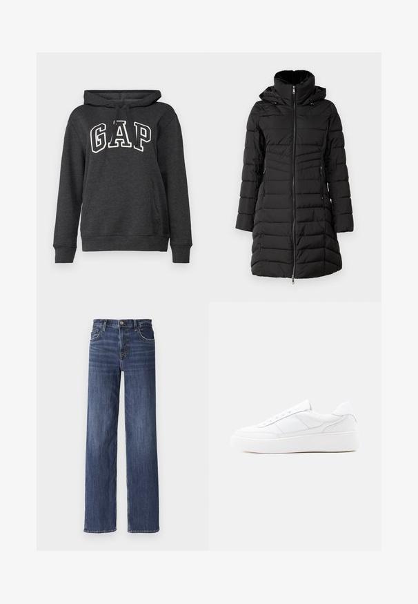 ONLY ONLHELEN PUFFER COAT - Manteau d'hiver - black; Hoodie gris foncé en tissu doux avec une poche kangourou, capuche à cordon et grand logo "GAP" blanc à l'avant.; Jeans en denim bleu foncé avec une coupe droite, dotés d'une fermeture à bouton, d'un style à cinq poches et d'une légère décoloration à l'avant.; Baskets basses blanches avec semelle épaisse, design à lacets et détails de couture subtils sur un fond clair uni.