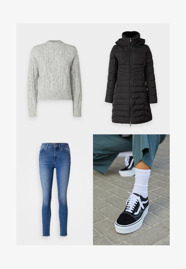 ONLY ONLHELEN PUFFER COAT - Talvemantel - black; Helehall heegeldatud särk ribidega alläär, ümar kaelus ja pikad varrukad; kogu pinna ulatuses on tekstuuriline muster.; Heledad sinised teksad, millel on kõrge vöökoht, klassikaline viie taskuga disain ja toorservadega sääred.; Mustjad sametist tennisjalanõud valgete aktsentide ja nööridega, millel on paks valge tald ja kontrastsed õmblused, koos valge sokiga.
