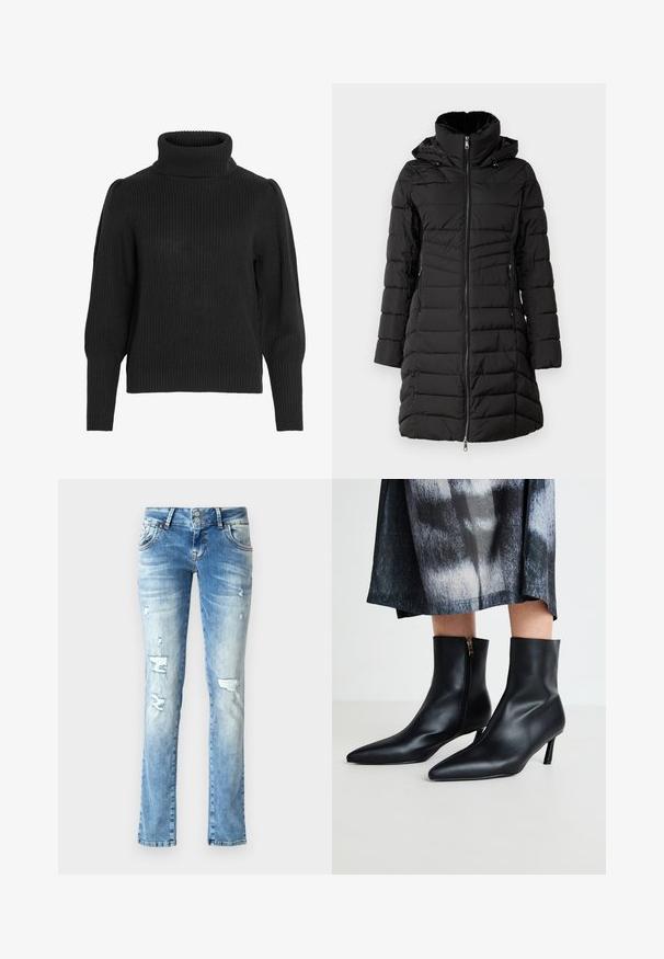 ONLY ONLHELEN PUFFER COAT - Zimný kabát - black; Čierny pletený sveter s vysokým, rebrovaným výstrihom. Má spustené ramená a rebrované manžety na dlhých rukávoch, štruktúrovaná tkanina.; Svetlomodré rifle z denimového materiálu s voľným strihom, so zaoblenými detailmi, zapínaním na gombíky s dvoma gombíkmi a rovnými nohavicami.; Čierne kožené členkové čižmy s špicatou špičkou a bočnými zipsami, doplnené soštíhlým podpätkom. Hladká textúra a elegantný dizajn.