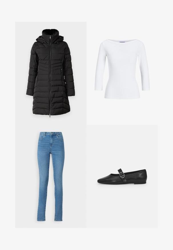 ONLY ONLHELEN PUFFER COAT - Talvitakki - black; Valkoinen ribbattu pitkähihainen paita, jossa on veneen muotoinen pääntie. Kangas on sileä, vartalonmyötäinen ja kauluksessa sekä helmassa on siisti viimeistely.; Vaaleansiniset korkeavyötäröiset farkut, valmistettu denimistä, slim fit -mallilla, viidellä taskulla sekä vetoketjulla ja napilla kiinnitettävällä sulkimella.; Mustat nahkakengät, joissa on pyöreä kärki, yksi säädettävä solkiremmija sileä, kiiltävä pinta. Minimalistinen muotoilu ja matala korko.