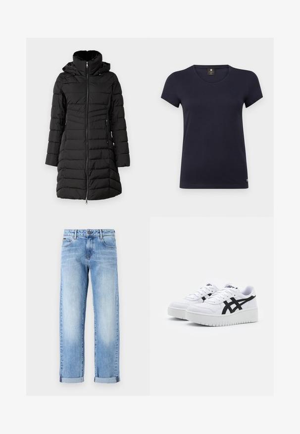ONLY ONLHELEN PUFFER COAT - Wintermantel - black; Marineblauwe T-shirt met korte mouwen en V-hals, gemaakt van zachte katoen. Heeft een klein logo accent aan de bovenkant aan de linkerkant.; Lichtblauwe denim jeans met opgerolde mouwen, vooraan een knoop en rits, en een klassieke vijf-pocket ontwerp op een witte achtergrond.; Witte sneakers met een textuur oppervlak, zwarte zijstrepen en een dikke witte zool. Heeft een vetersluiting en een logo op de tong.