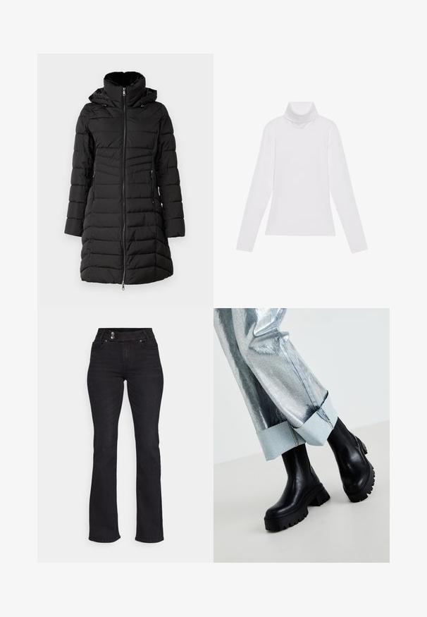 ONLY ONLHELEN PUFFER COAT - Manteau d'hiver - black; Haut à col roulé à manches longues blanc, fabriqué en tissu lisse et extensible. Il présente un col haut et une coupe ajustée, sans motifs ni embellissements visibles.; Jean évasé en denim noir avec une taille haute, deux poches avant et des boutons en métal contrastés. Texture lisse avec un léger stretch.; Bottines noires épaisses à la cheville avec des semelles texturées, portées avec un pantalon argent métallique doté d'un revers en denim clair. Design minimaliste, matériaux élégants.
