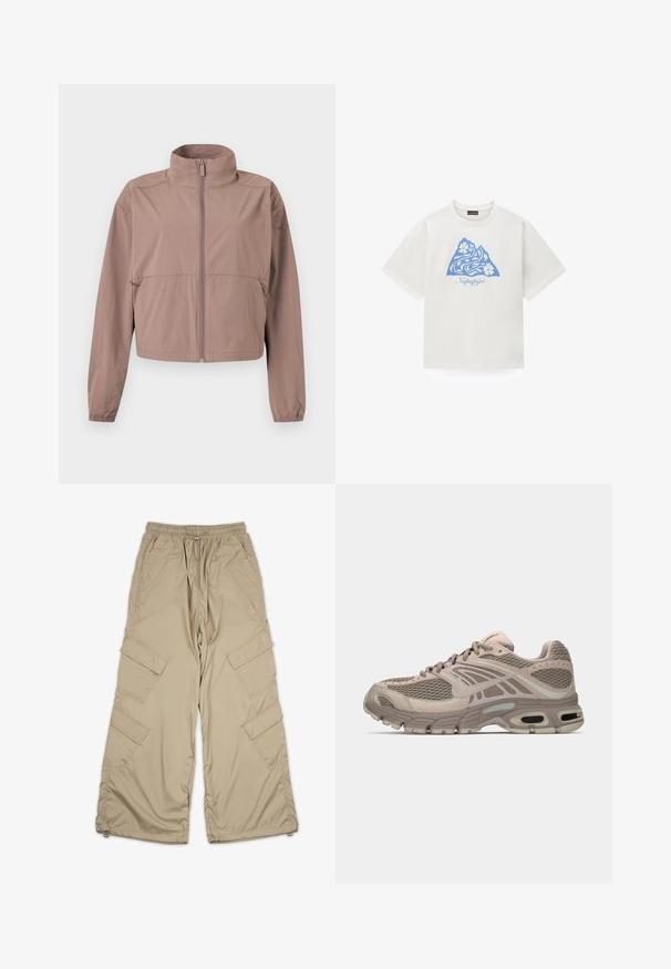 Lys mauve lynlåstrøje med opretstående krave, elastiske manchetter og lynlåslommer, vist fladt mod en hvid baggrund.; Hvid t-shirt med korte ærmer med blåt trekantet abstrakt blomsterdesign og "Napapijri" tekst centreret på forsiden.; Beige cargo bukser med snoretræk i taljen, flere sidelommer og en afslappet pasform. Lavet af letvægts, glat stof med syning detaljer.; Beige sportssko med mesh-overdel, formede detaljer, rund tå og synlig luftdækning i sålen. Snørebånd i neutral farve.