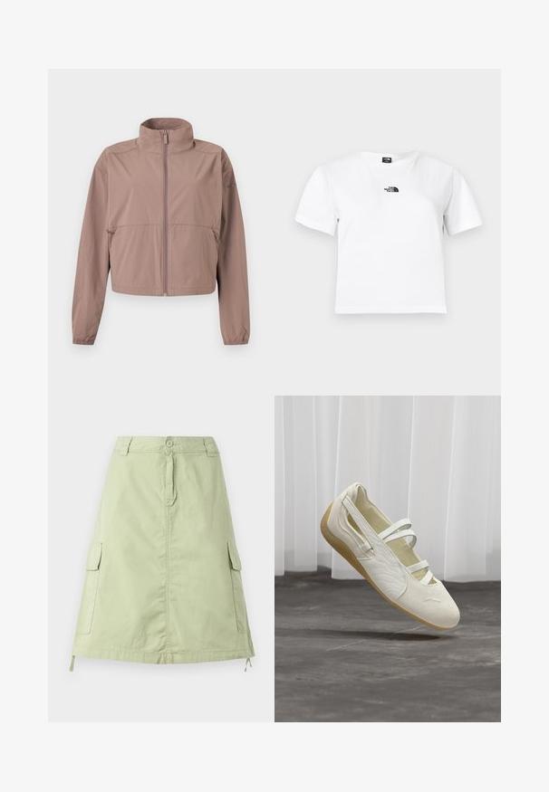 Lys mauve lynlåstrøje med opretstående krave, elastiske manchetter og lynlåslommer, vist fladt mod en hvid baggrund.; Hvid bomulds t-shirt med korte ærmer, rund hals og et sort The North Face-logo på brystet. Enkel, udekoreret design.; Lys grøn bomuldsknælang nederdel med to sidelommer, en knaplukning og en afslappet lige pasform. Ensartet tekstur.; Off-white Mary Jane-stil sko med tre remme, teksturerede sider og lys brun fleksibel sål, der svæver over grå gulv.