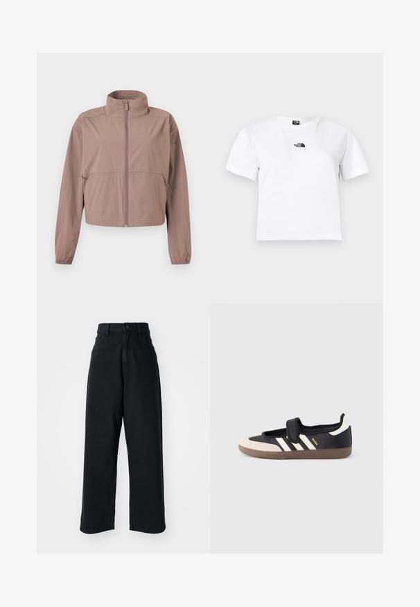 Chaqueta mauve clara con cremallera, cuello alto, puños elásticos y bolsillos con cremallera, presentada sobre un fondo blanco.; Camiseta blanca de algodón con mangas cortas, cuello redondo y un logo negro de The North Face en el pecho. Diseño sencillo y sin adornos.; Jeans anchos de tiro alto en negro, con bolsillos frontales y cierre de botón, exhibidos sobre un fondo blanco liso.; Zapatilla negra y beige con una correa de velcro, tres rayas blancas en el lateral y una suela de goma marrón texturizada. Logotipo de la marca visible.