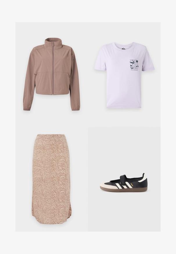 Lys mauve lynlåstrøje med opretstående krave, elastiske manchetter og lynlåslommer, vist fladt mod en hvid baggrund.; Lyse lilla kortærmet t-shirt lavet af bomuld, med et sort abstrakt design og tekst på venstre brystområde.; Midi-længde beige nederdel med abstrakt blomster- og zebrastribet mønster, der har en buet kant og blødt, letvægtsstof.; Sort og beige sko med velcrolukning, tre hvide striber på siden og en tekstureret brun gummisål. Mærkelogo er synligt.