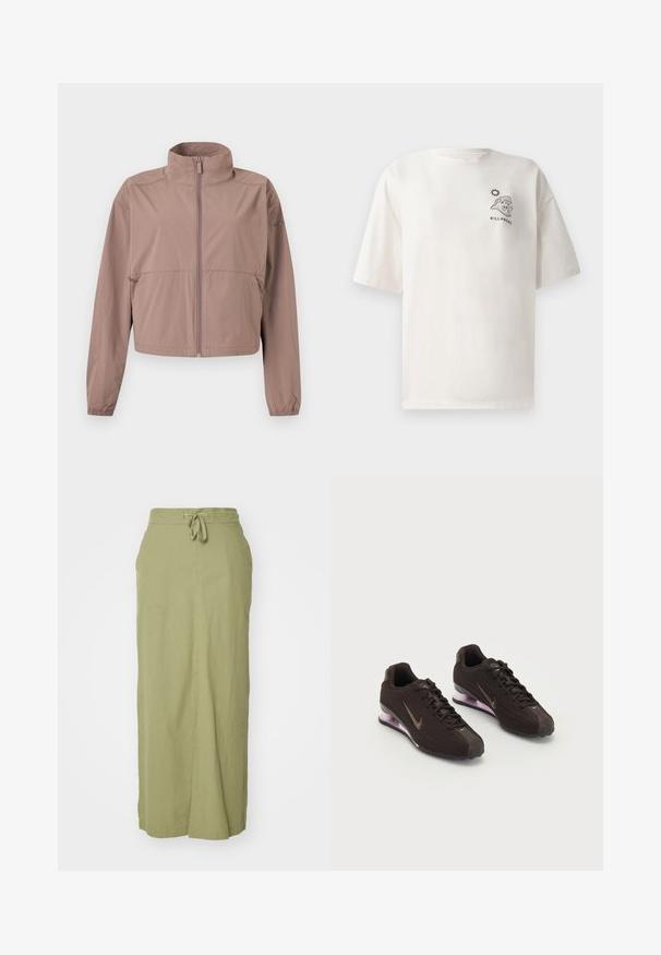 Lys mauve lynlåstrøje med opretstående krave, elastiske manchetter og lynlåslommer, vist fladt mod en hvid baggrund.; Cremefarvet bomulds T-shirt med korte ærmer, prydet med et grafisk motiv af en bølge og sol, og teksten "BILLABONG" på fronten.; Oliven grøn linned maxi-nederdel med snoretræk i taljen, lige silhuet, sidelommer og en glat tekstur.; Sorte atletiksko med en tekstureret overdel, brune detaljer og en lilla luftfyldt sål. Snørebåndsdesign med fremtrædende branding.