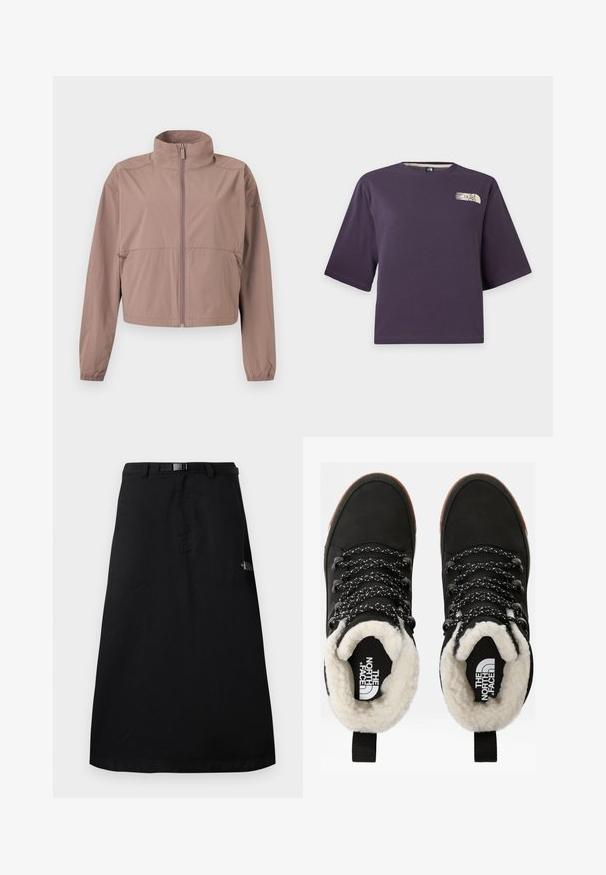 Veste mauve claire à fermeture éclair avec col montant, poignets élastiques et poches zippées, présentée à plat sur un fond blanc.; T-shirt court violet à manches courtes avec un petit logo beige The North Face sur la partie supérieure gauche de la poitrine.; Jupe midi noire avec ceinture à taille ajustable et logo The North Face sur le côté droit.; Bottes noires en cuir synthétique imperméables à la cheville, avec une doublure en fausse fourrure, un tissu texturé, des lacets à motifs noirs et blancs, et une languette au niveau du talon.
