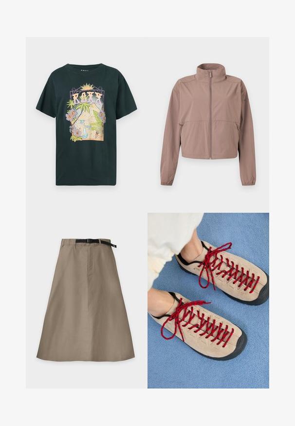 Veste mauve claire à fermeture éclair avec col montant, poignets élastiques et poches zippées, présentée à plat sur un fond blanc.; T-shirt noir en coton avec un motif coloré représentant des montagnes, une cascade et des fleurs tropicales, avec le texte "ROXY" en lettres majuscules.; Jupe beige trapèze avec une ceinture noire réglable intégrée et une couture avant visible, posée à plat sur un fond blanc.; Des chaussures beiges avec des lacets rouges, posées sur une surface bleue texturée, révèlent partiellement la cheville d'une personne. Les chaussures ont un design sportif.