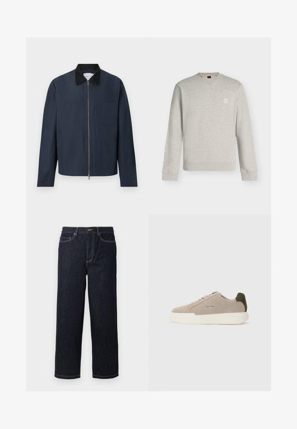 Marineblå lynlåstrøje med sort krave, lange ærmer, to sidelommer og en brystlomme på venstre side.; Lysegrå langærmet crewneck sweatshirt med ribbet manchetter og kant, lille firkantet logo patch på venstre bryst.; Mørkeblå lige ben denim jeans med fem lommer og hvide kontrastsyninger, knaplukning og bæltestropper.; Beige ruskinds sneakers med en hvid gummisål, der har en mørkegrøn hælaccent og subtil branding på siden.
