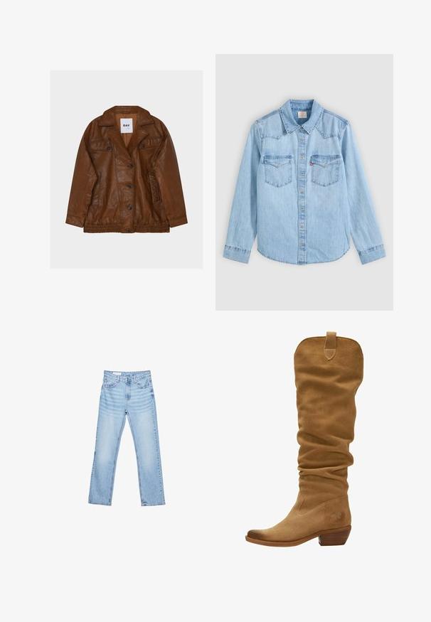 Veste en cuir marron à boutons avec large col, deux poches poitrine à boutons, et taille élastique, présentée sur un fond gris clair.; Chemise en denim bleu clair à manches longues avec fermeture par boutons, deux poches poitrine à rabats et un col classique pointu sur fond gris.; Jeans en denim bleu clair avec une coupe droite, un design à cinq poches et des coutures visibles. Taille mi-haute avec une fermeture classique à bouton et zip.; Botte en daim hauteur genou couleur brun clair avec un design flou, un bout pointu et un talon empilé. Dispose d'une boucle en haut pour un enfilage plus facile.