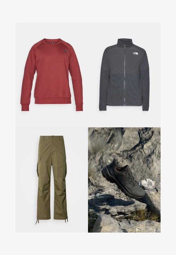Tummanharmaan fleecetakin, jossa on korkea kaulus, täyspitkä vetskari, teksturoitu etuosa, sivutaskut ja valkoinen logo rinnassa.; Punainen collegepaita, jossa on pyöreä kaula-aukko, pitkät raglan-hihat, joustavat hihansuut ja helmakaulus, vasemmalla puolella musta logo. Pehmeä, teksturoitu kangas.; Oliivinvihreät cargo-housut, jotka on valmistettu kestävästä kankaasta, suoranlahkeinen malli, sivutaskut ja säädettävät nilkkakiinnikkeet.; Musta polkujuoksukenka, jossa on teksturoitu päällinen, pehmeä pohja, vahvistettu varvaskuppi ja huomaamaton brändäys sivussa.