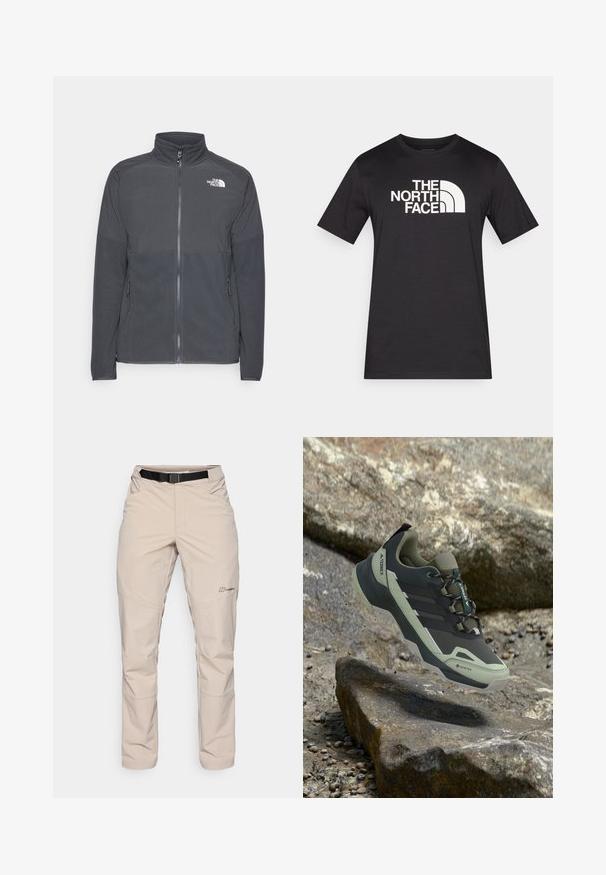 Dunkelgraue Fleecejacke mit hohem Kragen, durchgehendem Reißverschluss, strukturiertem oberen Einsatz, Seitentaschen und einem weißen Logo auf der Brust.; Schwarzes T-Shirt mit kurzen Ärmeln aus Baumwolle, mit einem auffälligen weißen Logo "THE NORTH FACE" auf der Brust.; Beige Outdoor-Hosen mit schwarzem Gürtel, Reißverschlusstaschen und geradem Bein. Hergestellt aus leichtem, wasserabweisendem Material.; Wanderschuh mit schwarzem und grünem Gore-Tex-Obermaterial und grober Sohle, der über felsigem Gelände schwebt.