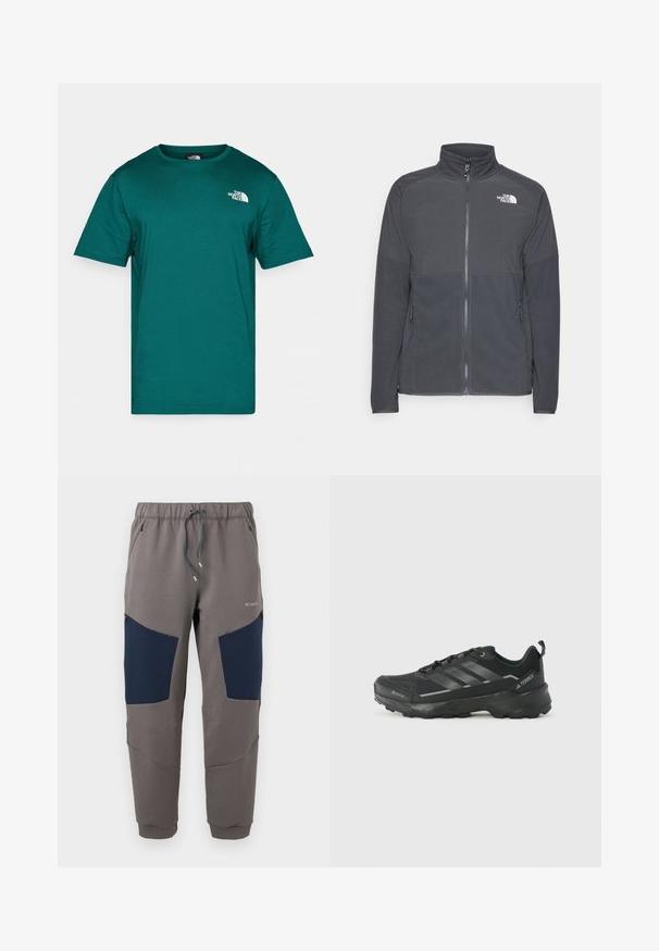 Dunkelgraue Fleecejacke mit hohem Kragen, durchgehendem Reißverschluss, strukturiertem oberen Einsatz, Seitentaschen und einem weißen Logo auf der Brust.; Türkisfarbenes Baumwoll-T-Shirt mit rundem Ausschnitt, kurzen Ärmeln und kleinem weißen Logo auf der Brust. Glatte Textur und legere Passform.; Graue Jogginghosen mit marineblauen Knieeinsätzen, elastischem Bund, Kordelzug, Reißverschlusstaschen und Columbia-Logo am oberen Oberschenkel.; Schwarzer Sportschuh mit einem strukturierten Obermaterial aus Stoff, drei silbernen Streifen, verstärkter Zehenpartie und einer robusten Gummisohle für besten Halt.