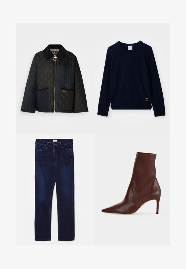Gesteppte Jacke in Schwarz und Navy mit Kragen, goldfarbenem Reißverschluss und zwei Taschen vorne. Verfügt über ein Logodetail in Gold.; Marineblaues langärmliges Rundhals-Sweatshirt mit gerippten Bündchen und Saum, das an der Unterseite einem kleinen, mehrfarbig gestreiften Aufnäher hat.; Dunkelblaue Denim-Jeans im Slim-Fit mit fünf Taschen, gesteppten Akzenten und geradem Bein. Mit Knopf- und Reißverschluss.; Dunkelbrauner Lederstiefelette mit spitzer Spitze und schlankem hohen Absatz vor einem schlichten hellen Hintergrund.