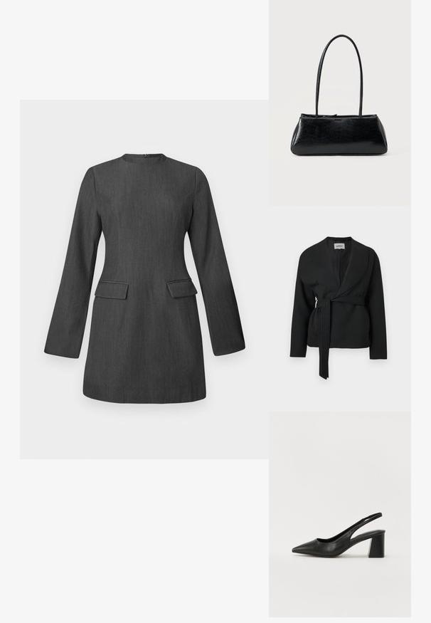 Chaqueta negra con cinturón, cuello tipo chal y mangas largas, colgada sobre un fondo blanco.; Vestido gris a medida con mangas largas, escote redondo y dos bolsillos frontales. Hecho de una tela texturada, presenta un diseño elegante y estructurado.; Tacones de slingback de cuero negro con punta afilada y tacón cuadrado. Presentan un diseño recortado y una textura suave, minimalista y moderna.; Bolso de hombro rectangular negro con correas largas y delgadas y una textura lisa y brillante sobre un fondo liso.