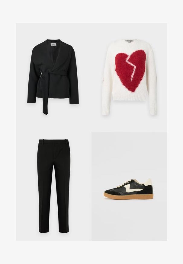 Veste noire ceinturée avec col châle et manches longues, accrochée sur un fond blanc.; Pull en tricot blanc avec un grand motif de cœur brisé rouge. Il présente des manches longues, un ourlet côtelé, une texture douce et une coupe décontractée.; Pantalons noirs à coupe slim, avec un devant plat, des poches latérales et une texture lisse. Conçus avec une taille mi-haute et des jambes fuselées.; Baskets en daim et cuir noir avec un swoosh latéral crème et un talon crème clair. Dotées de lacets beige et d'une semelle en caoutchouc gomme.