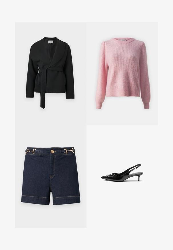 Chaqueta negra con cinturón, cuello tipo chal y mangas largas, colgada sobre un fondo blanco.; Suéter de punto acanalado rosa con mangas largas y cuello redondo. Presenta una textura suave y un ajuste holgado con puños ajustados.; Pantalones cortos vaqueros azul oscuro con detalle de hebilla dorada en la cintura y cierre frontal con botón.; Tacones slingback de cuero negro con punta puntiaguda, tacón bajo de estilo kitten y detalle fruncido en el empeine. Textura suave y diseño minimalista.