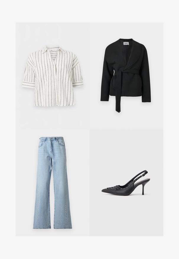Veste noire ceinturée avec col châle et manches longues, accrochée sur un fond blanc.; Chemise blanche à manches courtes avec boutons et rayures verticales noires, col, présentée sur un fond blanc uni.; Jean en denim bleu clair taille haute à jambes larges, avec poches avant, passants pour ceinture, fermeture éclair et ceinture en denim assortie.; Escarpin en cuir noir à talon aiguille avec un bout pointu, une bride latérale à boucle, des clous le long du bord et un laçage décoratif à l'avant.