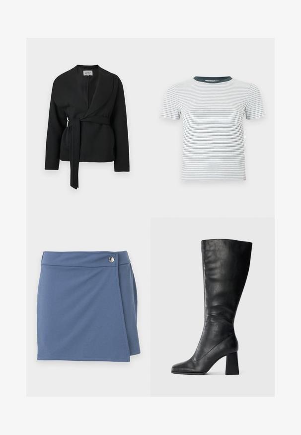 Zwarte jas met ceintuur, sjaalkraag en lange mouwen, hangend tegen een witte achtergrond.; Wit ribbelig t-shirt met korte mouwen, dunne horizontale zwarte strepen en een effen donkergrijze ronde hals.; Blauwe rok in wikkelstijl met een hoge tailleband en een zilveren knoopsluiting aan de rechterkant, afgebeeld tegen een witte achtergrond.; Zwarte kniehoge laars van glad leer, met een vierkante neus en een chunky blokhak. Eenvoudig ontwerp zonder versieringen.