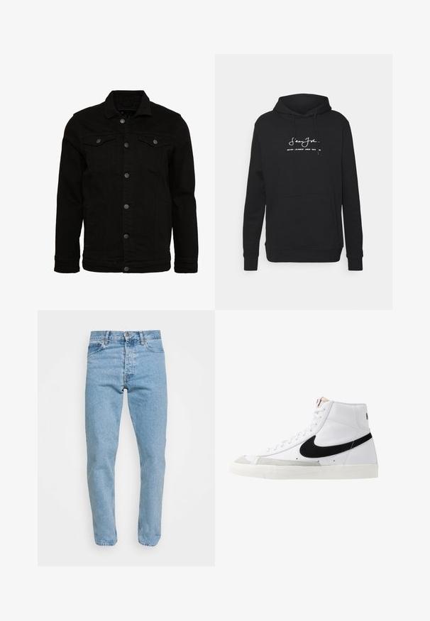 Zwarte denimjas met een klassiek design, voorzien van knoopsluitingen, twee borstzakken en een licht gestructureerd oppervlak.; Sean John CLASSIC LOGO ESSENTIAL HOODIE - Sweater - black; Lichtblauwe denim jeans met een klassieke vijf-pocketontwerp, ritssluiting en licht taps toelopende benen, met subtiele wassing en stiksels.; Witte hoge sneakers met een zwarte swoosh, textuur grijze neus en een vlakke witte zool. Kenmerkt zes veteropeningen en gestikte accenten.