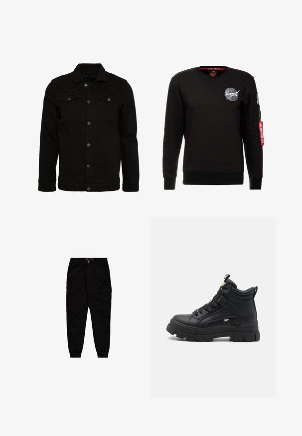 Sort denimjakke med et klassisk design, der har knaplukninger, to brystlommer og en let tekstureret overflade.; Alpha Industries NASA - Sweatshirt - schwarz; Sorte cargobukser lavet af bomuld, med to forlommer og to side cargolommer, samt elastiske manchetter og talje.; Sorte sneakers støvler lavet af tekstureret læder, med en tyk gummisål, snørebånd foran og en lille logo detalje på siden.