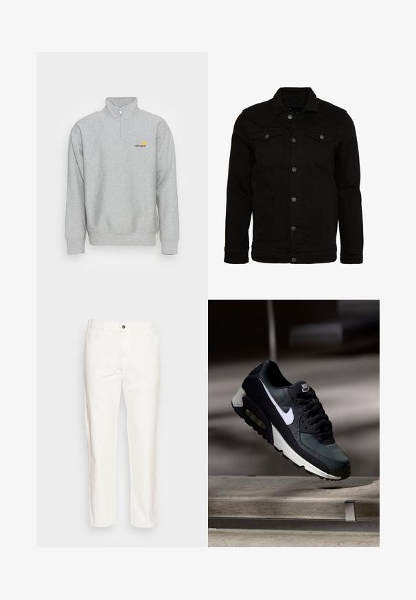 Veste en denim noir au design classique, dotée de fermetures à boutons, de deux poches poitrine et d'une surface légèrement texturée.; Carhartt WIP HALF ZIP AMERICAN SCRIPT - Sweatshirt - grey heather; Pantalon en coton blanc avec une coupe droite, poches avant, fermeture à bouton unique et une texture douce.; Baskets Nike Air Max noires et grises avec un logo blanc, suspendues au-dessus d'une surface en béton sur un fond sombre flou.