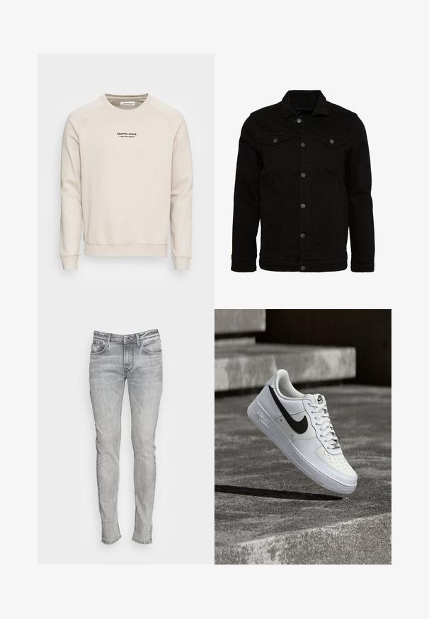 Sort denimjakke med et klassisk design, der har knaplukninger, to brystlommer og en let tekstureret overflade.; Cremefarvet sweatshirt med raglanærmer, ribbede manchetter og kant. Har et sort tekstlogo på fronten. Blødt, tekstureret stof.; Smal passform grå denim jeans med fem lommer, en knaplukning og kontraststing. Stoffet har et let falmet og struktureret udseende.; Hvid Nike Air Force 1-sneaker med sort swoosh, snørebånd bundet, placeret i luften over tekstureret betonoverflade udendørs.