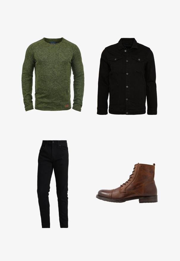 Chaqueta de mezclilla negra con un diseño clásico, cuenta con un cierre de botones, dos bolsillos en el pecho y una superficie ligeramente texturizada.; Suéter verde hecho de tejido de punto texturizado, con cuello redondo, mangas largas y un pequeño parche de logo marrón en la parte inferior delantera.; Jeans de mezclilla negra con un ajuste slim, que cuentan con una cintura de altura media, diseño de cinco bolsillos y sutilezas en los detalles de costura. Tejido de textura suave.; Botín de cuero marrón hasta el tobillo con diseño de cordones, punta redondeada, suela de goma y costuras tonales sutiles. Presenta un pequeño lazo en la parte trasera.